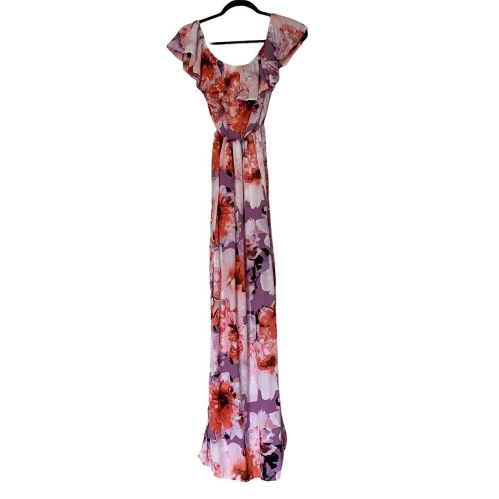 PEACH LOVE women’s orange and purple floral off shoulder long maxi dress sz S